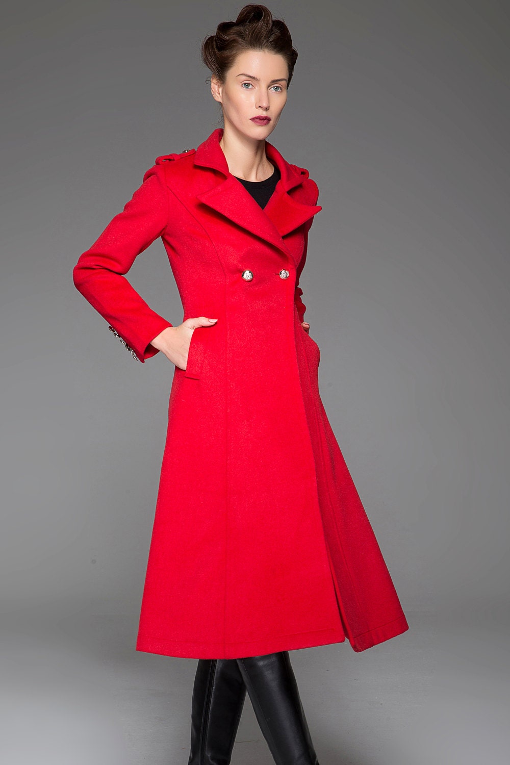 Red Winter Coat Warm Elegant Long DoubleBreated Fitted