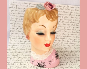 Relpo Planter, Vintage Lady Head Vase, Pink Lady Ceramic Rose Lady Bust, Relpo K937A, Rose Lady Head Planter, Ceramic Bust, Flower Head Vase