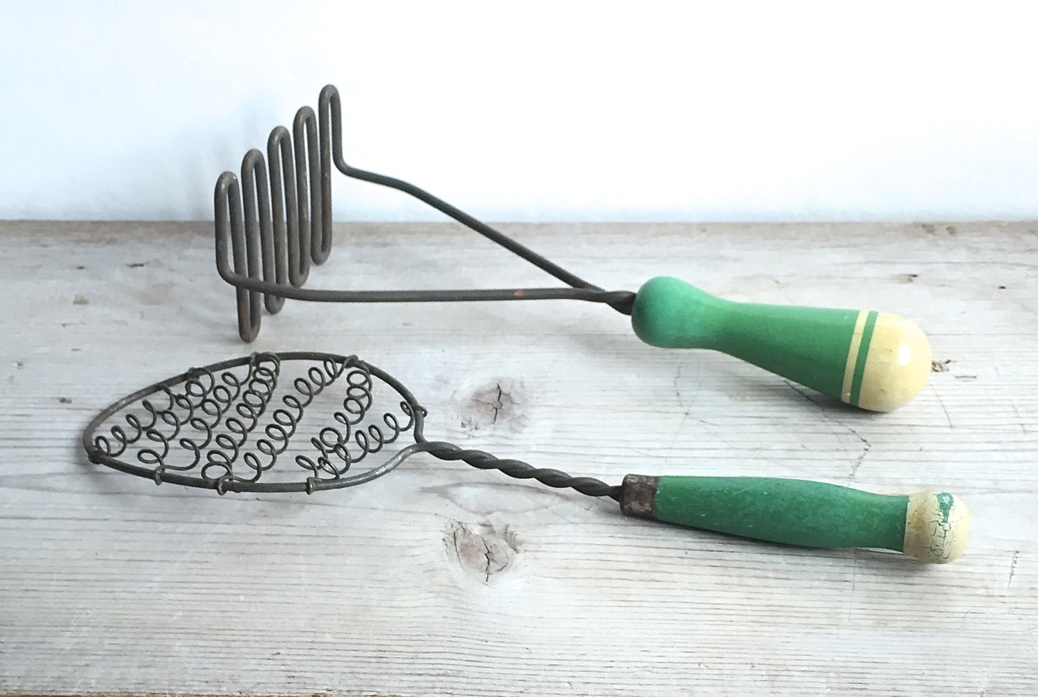 Vintage Cooking Utensils Green Wood Handle Potato Masher Whisk