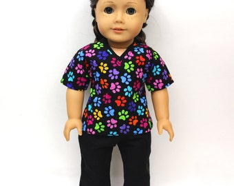 Multicolor Pawprint Vet Scrubs for American Girl and similar dolls