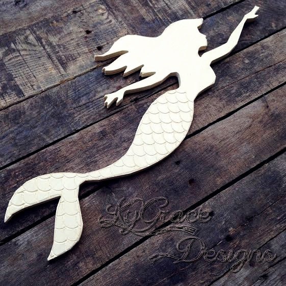 Unfinished Wood Mermaid with Engraved tail Choose size at