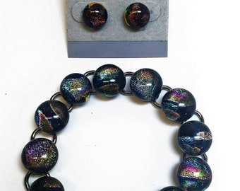 Fused Dark Iridescent Dichroic Glass Bracelet and Earring Set