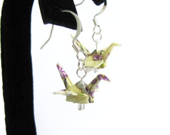 Origami Crane Earrings Off White with Purple Flowers