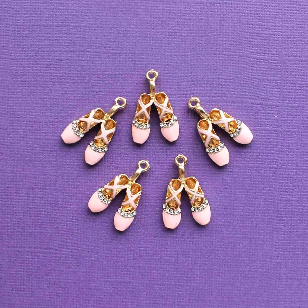 2 Ballet Slippers Charms Gold Plated Enamel with Inset