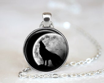 Glass Tile Necklace Wolf Necklace Silver Jewelry Silver Necklace Glass Tile Jewelry Moon Jewelry Animal Jewelry Wolf Jewelry Black Jewelry