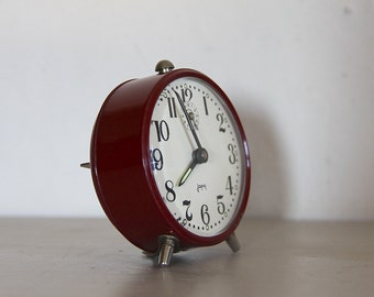 Cute Vintage French Japy Alarm Clock Burgundy 60's Retro/ Mid Century