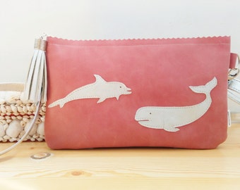Leather clutch,leather handbag,pink handbag,sea animals bag,dolphin purse,whale handbag,pink purse bag,pink leather clutch,sea animals