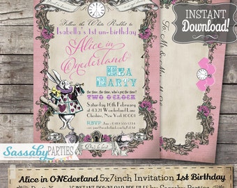 Alice in ONEderland Tea Party Invitation - INSTANT DOWNLOAD - Pink Pastel partially Editable & Printable 1st Birthday Party Invite