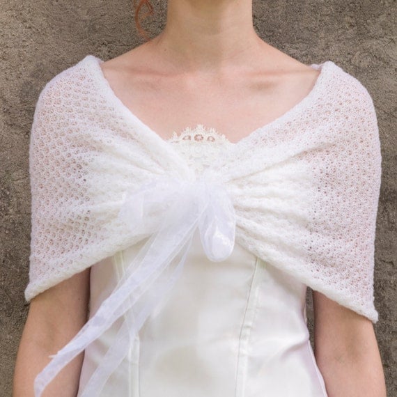 White Bridal Shawl Ivory Shawl Cashmere Knit Lace Shoulder