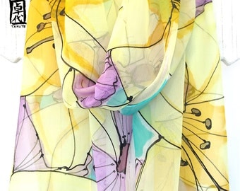 Large Silk Scarf Hand Painted, ETSY, Yellow Chiffon Scarf Silk, Yellow Lilies and Purple Poppies, T14x72 inch, Made to order