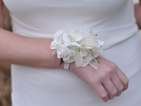 Wrist Corsage Ivory Hydrangea with Ivory by Hollysflowershoppe