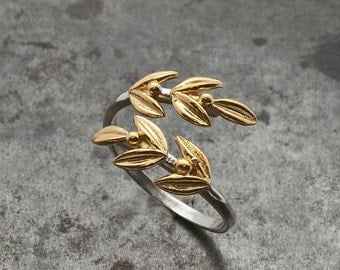Gold Olive Leaves Ring, Twisted Olive Twig Elegant Ring, Adjustable Handmade Women's Delicate Ring, Goddess Athena Symbol Greek Jewelry
