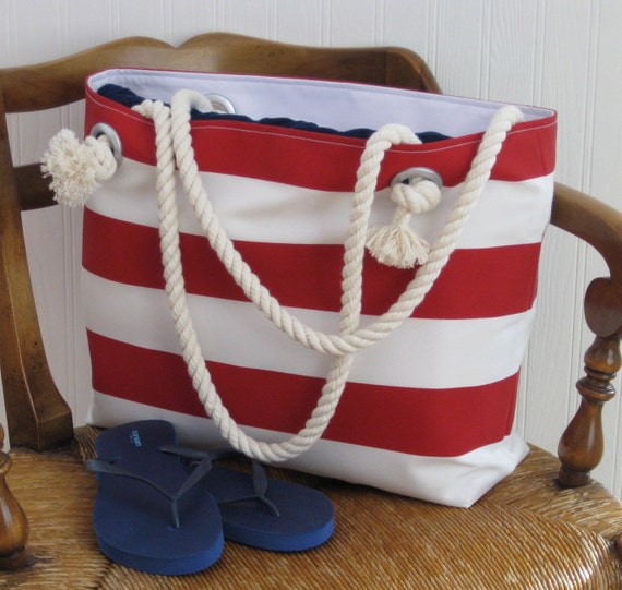red and white striped beach bag