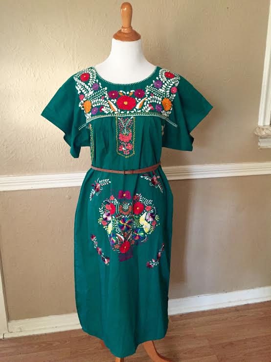 Green Embroidered Floral Mexican Dress Large XL / Boho