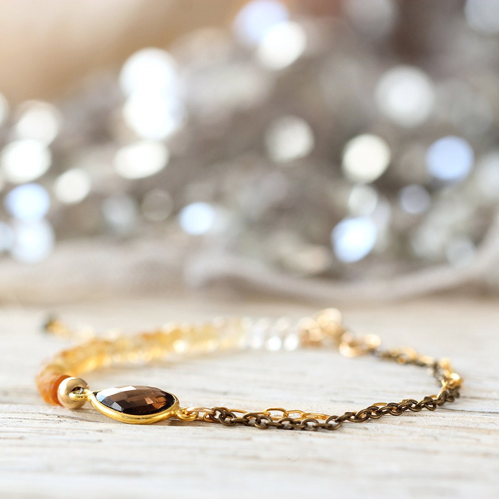 Citrine Bracelet - Smoky Quartz Bracelet - November Birthstone Bracelet - Citrine Jewelry - Gold, Yellow Bracelet - Dainty Bracelet
