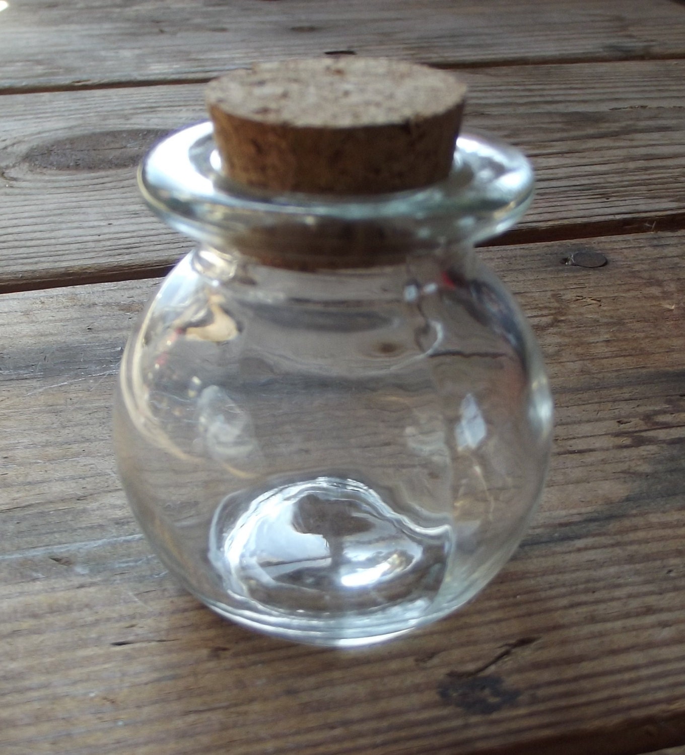 Small Round Clear Glass Jar with Cork Stopper / mixed media