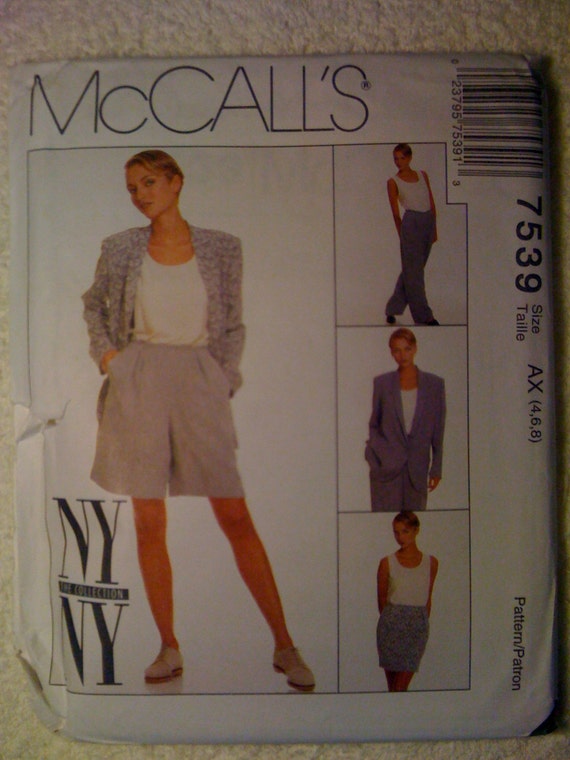 Misses Lined Jacket, Lined Skirt, Lined Pants Or Shorts and Tank Top McCalls Sewing Pattern 7539 90s Size 4-6-8 Uncut