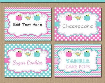 Pumpkin Gender Reveal Labels - Gender Reveal Candy Buffet Labels - Baby Reveal Food Labels - Pink Aqua Labels - Gender Reveal Food Tents