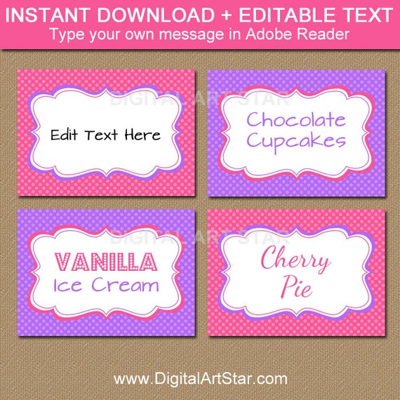 EDITABLE Pink and Purple Candy Buffet Labels, DIY Food Labels, Table