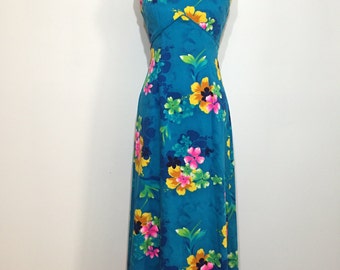 70s turquoise Hawaiian empire waist maxi