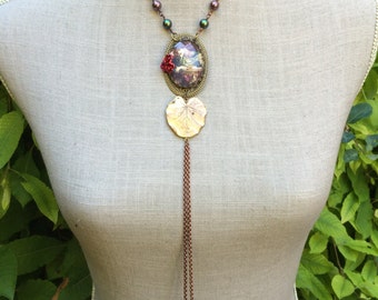 Retro Victorian necklace, cabochon, print and "Mrs Butterfly delights" Crystal pearls