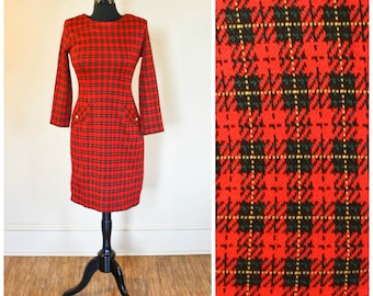 Vintage Red Plaid Dress Molly Malloy Petite 80s 90s Stretch Size Small Shoulder Pads