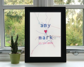 Personalized Anniversary Names & Date // Wedding Gift // Valentines // Couples // Original Artwork // Embroidery // Illustration