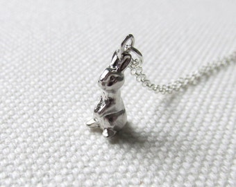 Tiny Rabbit Charm Necklace Cute Bunny Pendant Sterling Silver or Rhodium Chain Woodland Animal Jewelry