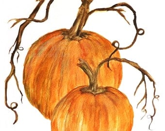 Pumpkin Original Watercolor, Pumpkin Original Print,"Harvest Pumpkin #2" Fall Watercolor