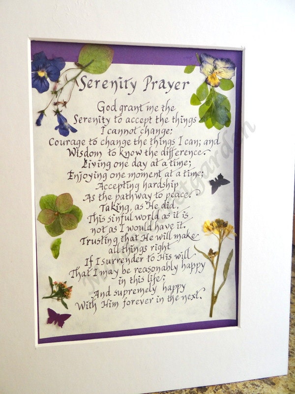 serenity prayer calligraphy and pressed flowers framable art