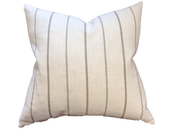 Cream and Taupe Ticking Stripe Linen Designer Pillow Cover