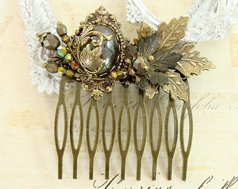 Victorian Woodland Hair Comb - Green Bronze Brass Cabochon Woodland Wedding Hair Comb - Autumn Nature Renaissance Faire Hair Accessories