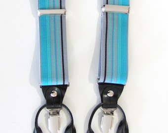 Mens Suspenders. Turquoise Black Stripe Combination Suspenders / Braces Set. Wear Pant Buttons Or Clips All Provided. Wedding Suspenders