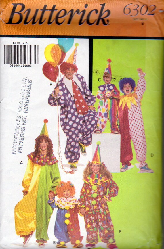 Butterick 6302 B Adults Unisex Clowns Halloween Costume