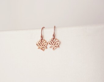 Rose Gold Lotus Earrings, Tiny Lotus Earrings, Rose Gold Earrings