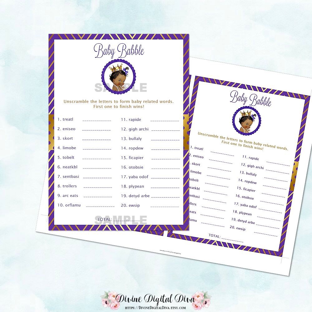 Baby Babble Word Scramble Baby Shower Game Purple Gold