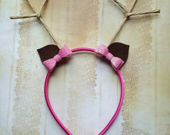 Antler Headband - Deer Antler Headband - Deer Headband - Woodland Headband - Reindeer Headband - Reindeer Antlers - Pink Bow Antlers