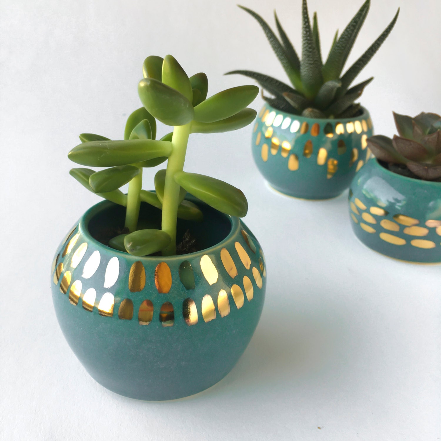  Teal  and Gold Planter Plant  Pot  Modern Ceramics Hostess