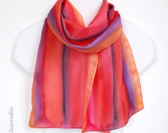 Pink orange silk scarf, Hand dyed multicolor silk scarf, Handpainted scarf, Orange pink purple stripes scarf, Art silk gift for her