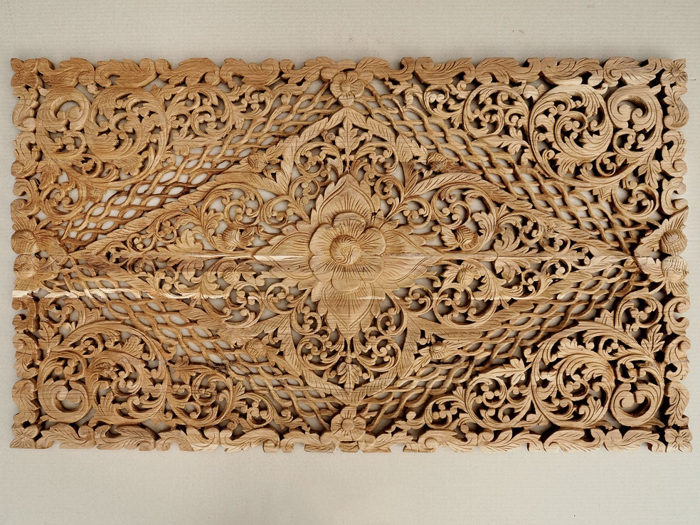 Natural Hand Carved Wood Bed Headboard. Balinese by SiamSawadee