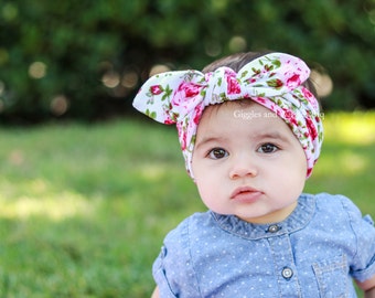 Top knot baby head wrap, baby girl headband, knot tie, pink floral head wrap, first birthday, easter outfit, infant headbands, knot headband
