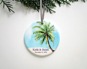 Wedding or Engagement Christmas Ornament - Personalized Ceramic Ornament - Tropical Beach Wedding Memento - Unique Bridal Shower Gift