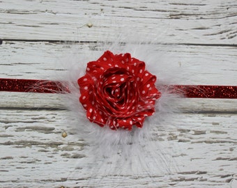 Red w/White Polka Dot Shabby Chic Flower and White Feather Puff Headband on Red Glitter Skinny Elastic