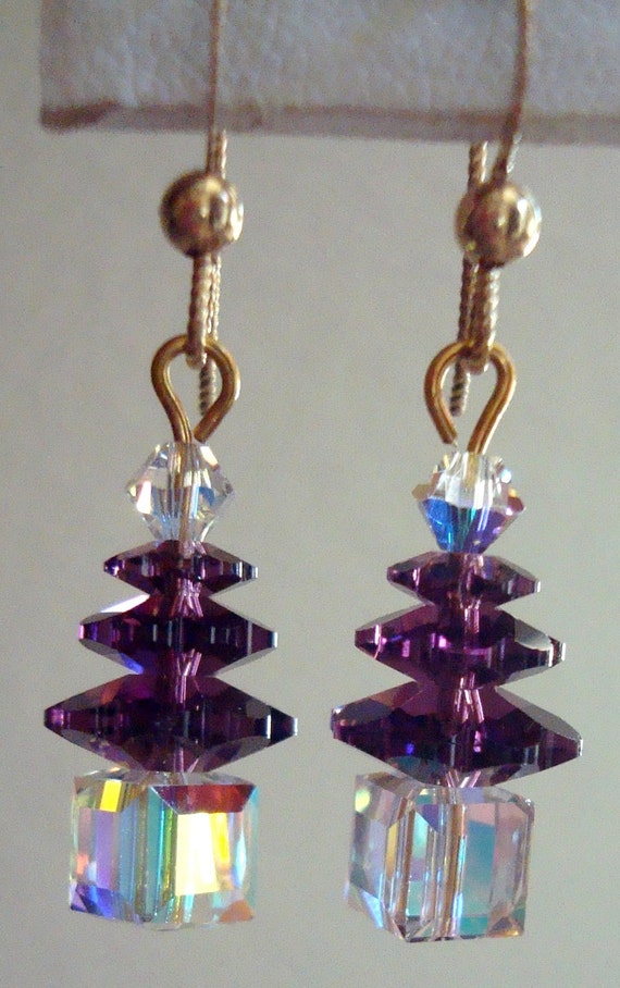 Christmas tree earrings, purple and crystal, Swarovski and gold