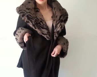 Faux Fur Jacket, Womens Coat, Womens Clothing, Black Animal Print Fur Coat, Wrap Coat, Fleece Jacket, Faux Fur Jacket, Hollywood Regency