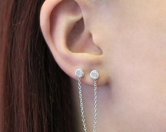 Double Stud Earrings, Silver Chain Earrings, Diamond Stud Earrings, Drop Earrings, Edgy Earrings, 925 Silver Earrings, Simple Earrings, Gift