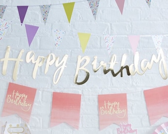 Lovely Gold Happy Birthday Banner Bunting - Modern Calligraphy.