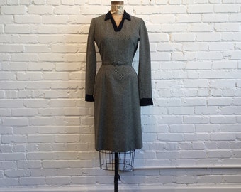 1950s Black Striped Wiggle Dress // 50s Striped Long Sleeve Dress // Vintage 1950s Wool Dress