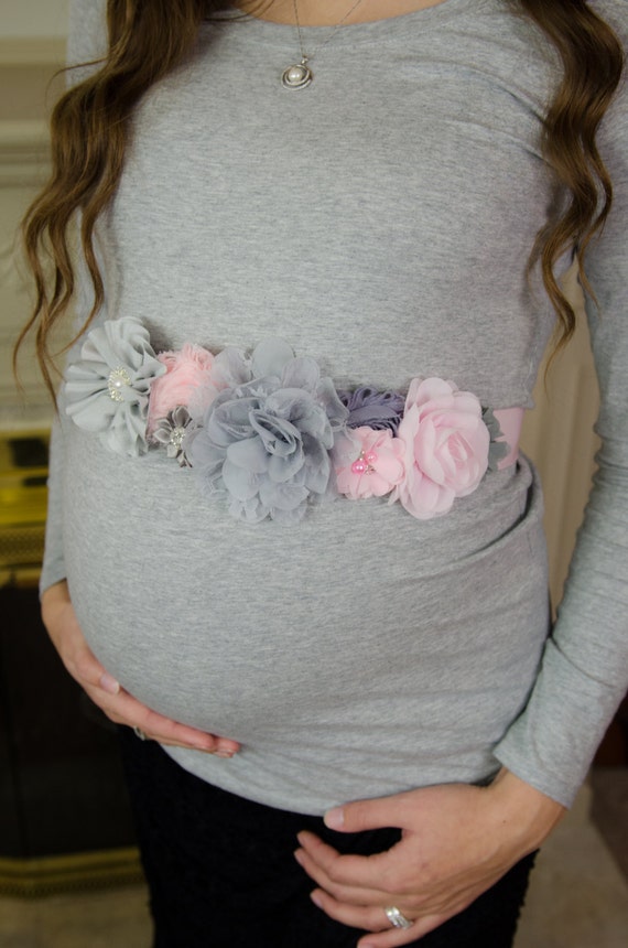 Maternity belly sash Grey Baby Shower Sash by AnniesChicBowtique