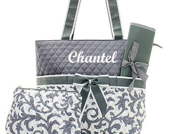 Personalized Diaper Bag Grey Damask Quilted Monogrammed Gray Baby Tote